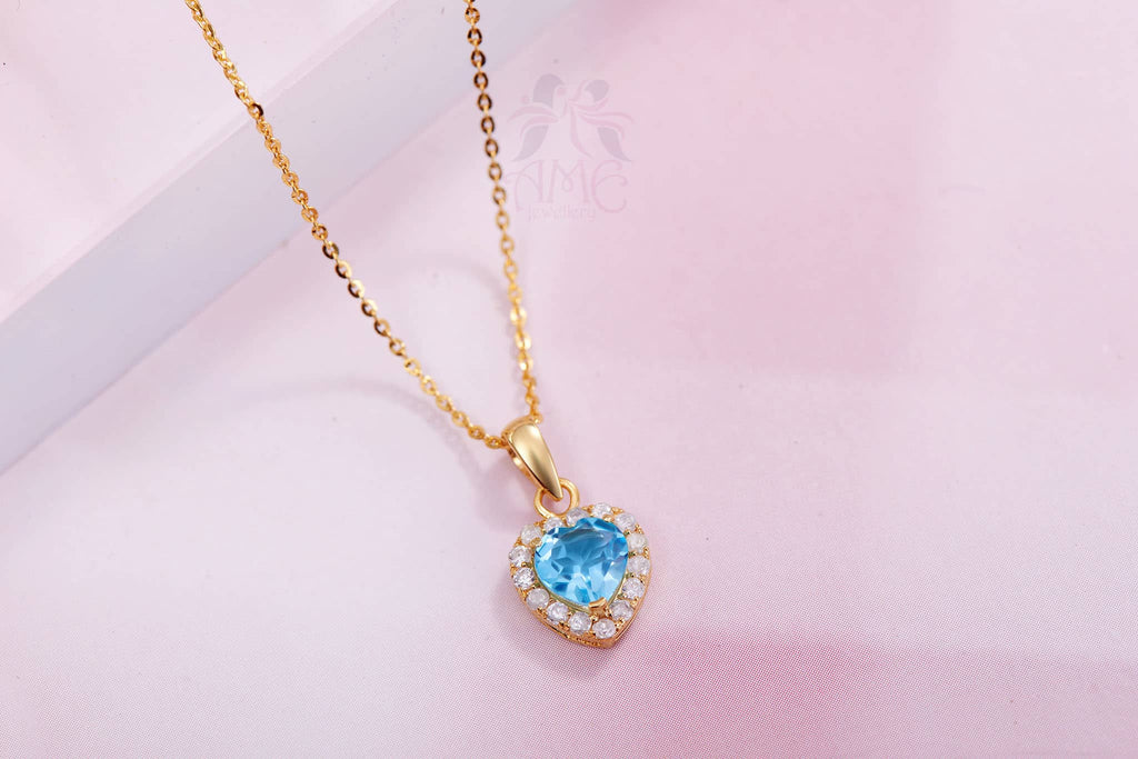 Natural Blue Topaz Halo Heart Pendant in 14K Yellow Gold | AME Jewellery