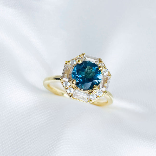 Nhẫn nữ Vàng Đá quý tự nhiên London Blue Topaz Octagon Halo Ring in 14K Yellow Gold | AME Jewellery