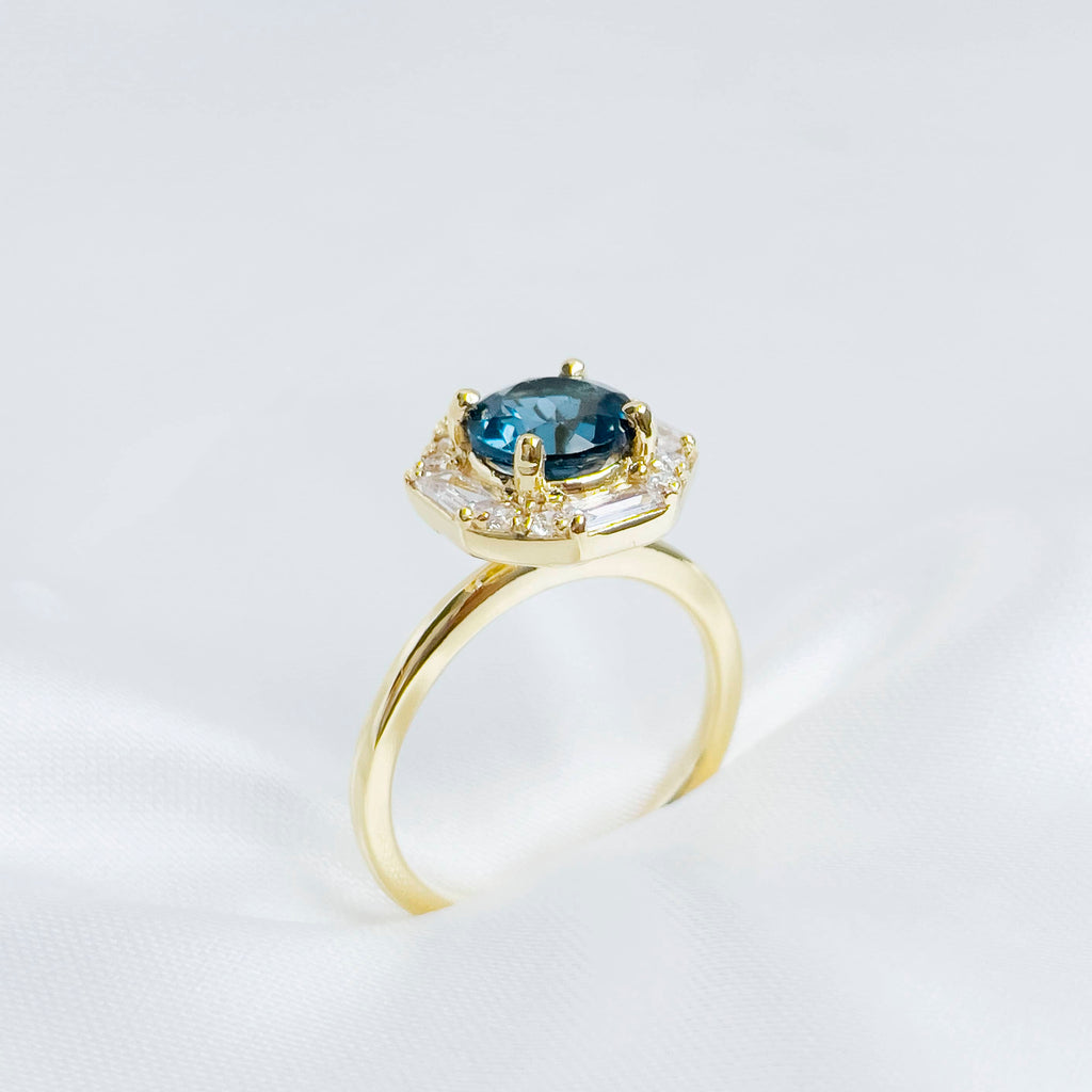 Nhẫn nữ Vàng Đá quý tự nhiên London Blue Topaz Octagon Halo Ring in 14K Yellow Gold | AME Jewellery