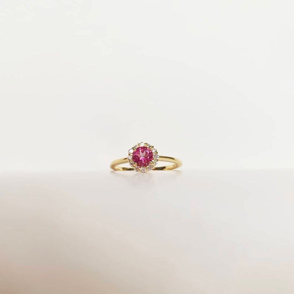 Natural Pink Topaz Halo Ring in 14K Yellow Gold | AME Jewellery