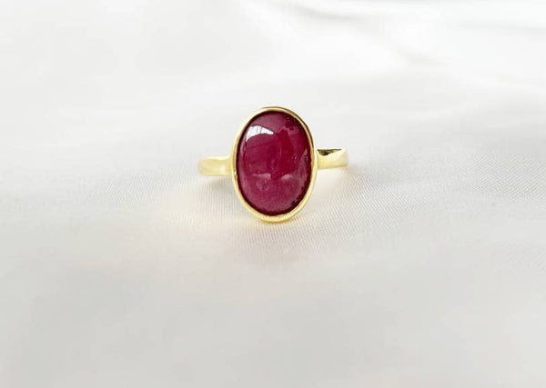 Oval Cabochon Ruby Bezel Ring in 14K Yellow Gold | AME Jewellery