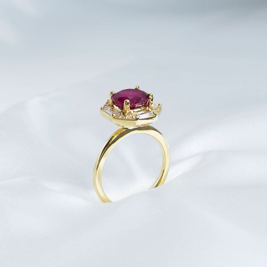 Nhẫn nữ Vàng Đá quý thiên nhiên Mozambique Ruby Octagon Halo Ring in 14K Yellow Gold | AME Jewellery