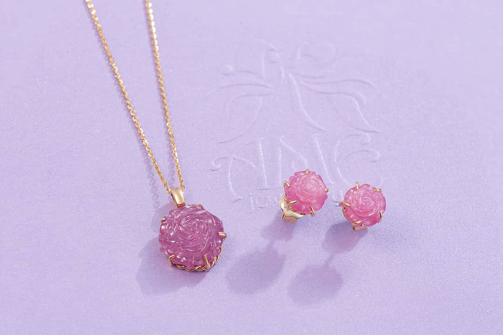 Ruby Carved Rose Flower Jewelry Set in 14K Yellow Gold | AME Jewellery