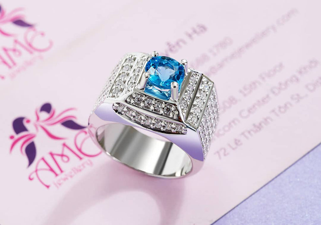 Nhẫn Nam Đá quý thiên nhiên Blue Topaz Men's Ring - AME Jewellery