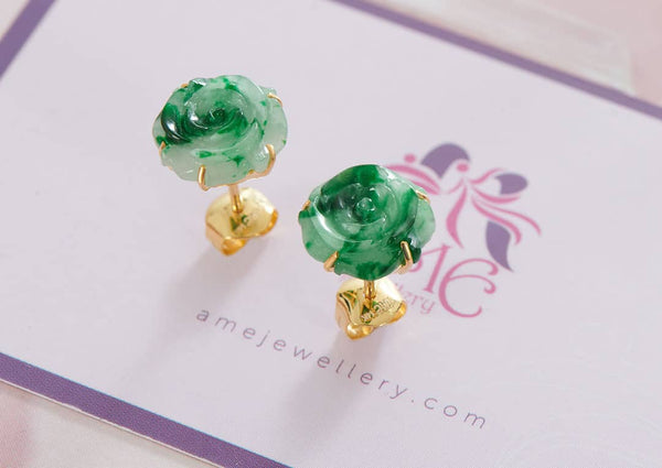 Bông tai Hoa Hồng Vàng 14K Đá Cẩm thạch thiên nhiên | Carved Rose Flower Jadeite Jade Gold Earrings | AME Jewellery