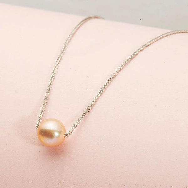 Single Pink Freshwater Pearl Chain Necklace in 18K White Gold by AME Jewellery