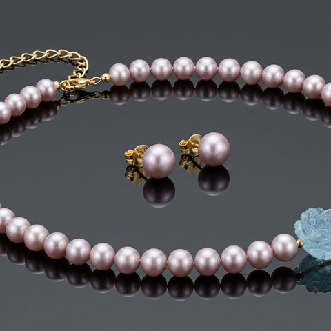Lavender Freshwater Pearl & Aquamarine Rose Jewelry Set in 14K Yellow Gold - AME Jewellery