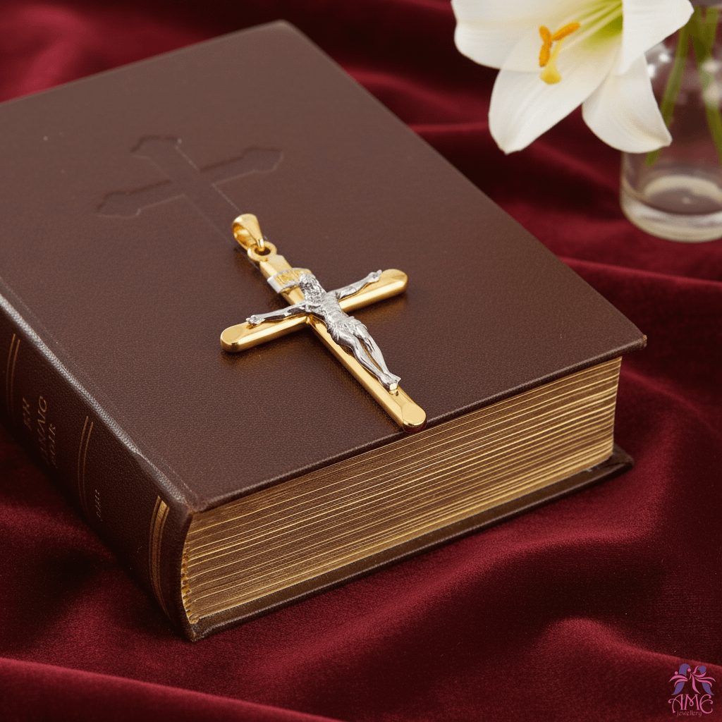 Mặt dây Vàng và Vàng trắng Thánh Giá Jesus Crucifix Cross Pendant Necklace 14K Yellow and White Gold by AME Jewellery