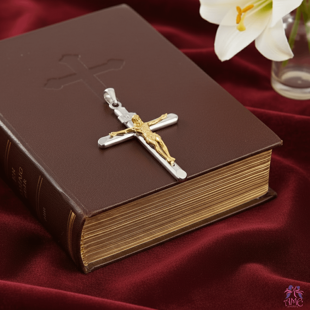 Mặt dây Vàng và Vàng trắng Thánh Giá Jesus Crucifix Cross Pendant Necklace 14K Yellow and White Gold by AME Jewellery