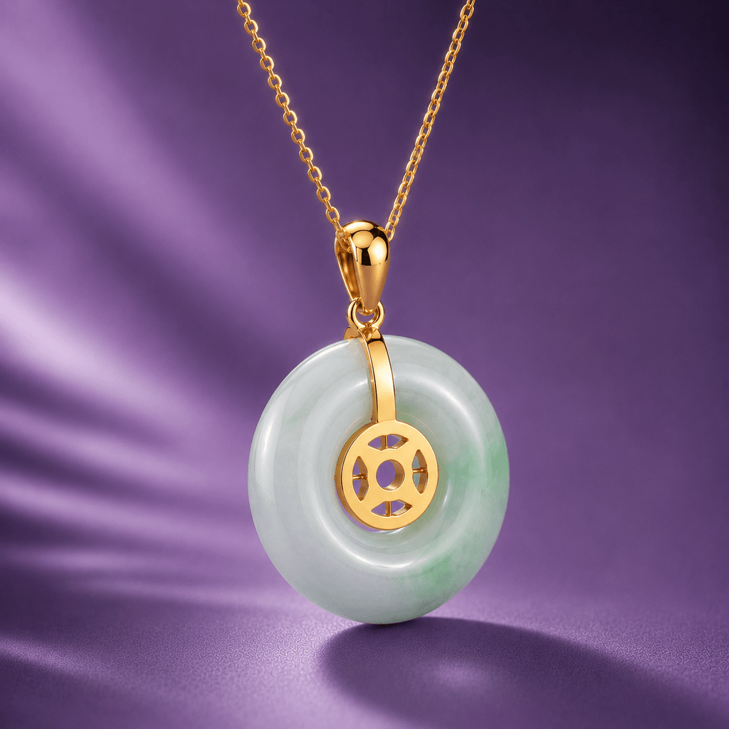 Burmese Jadeite BI Lucky Coin Pendant 14K Yellow Gold - AME Jewellery