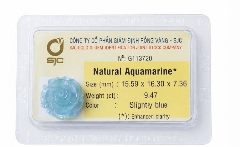 Kiểm định đá quý tự nhiên Aquamarine chạm khắc hoa hồng - AME Jewellery