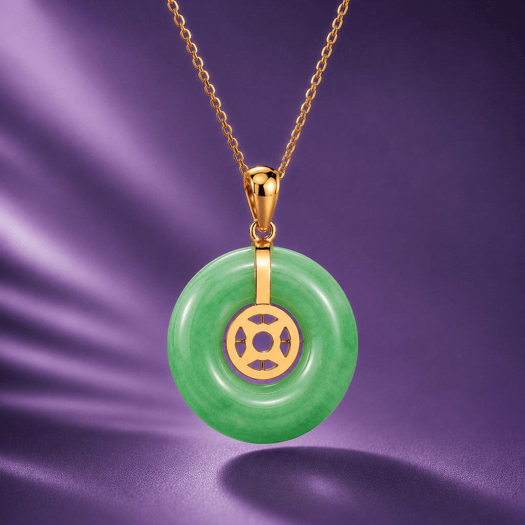 Burmese Jadeite BI Lucky Coin Pendant 14K Yellow Gold - AME Jewellery