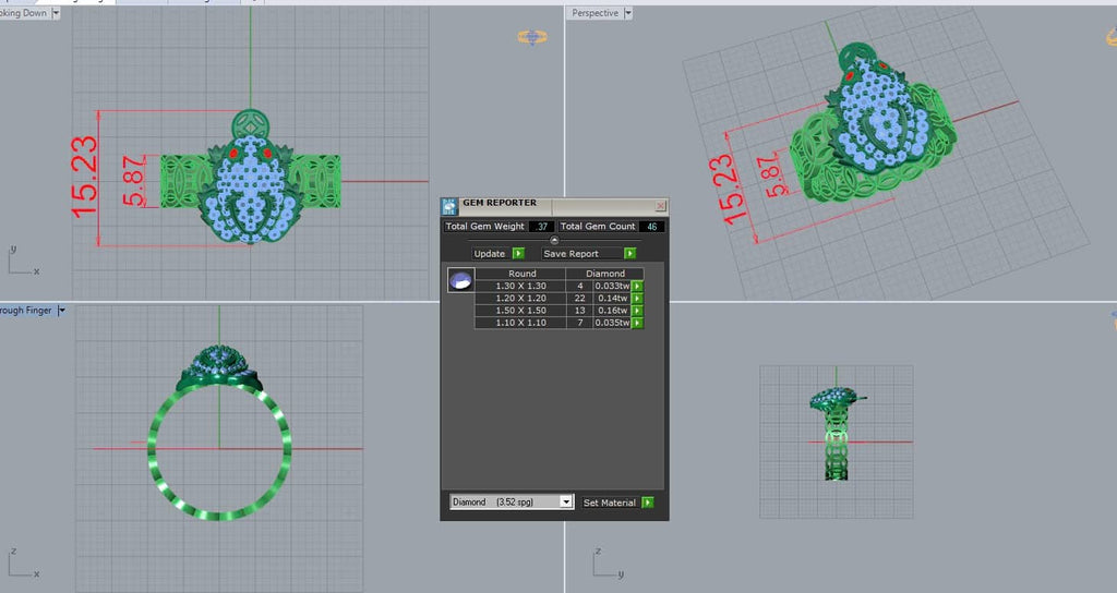 3D design of Lucky Frog, Green Money Frog - Three Legged Wealth Frog or Money Toad Gold Ring by AME Jewellery