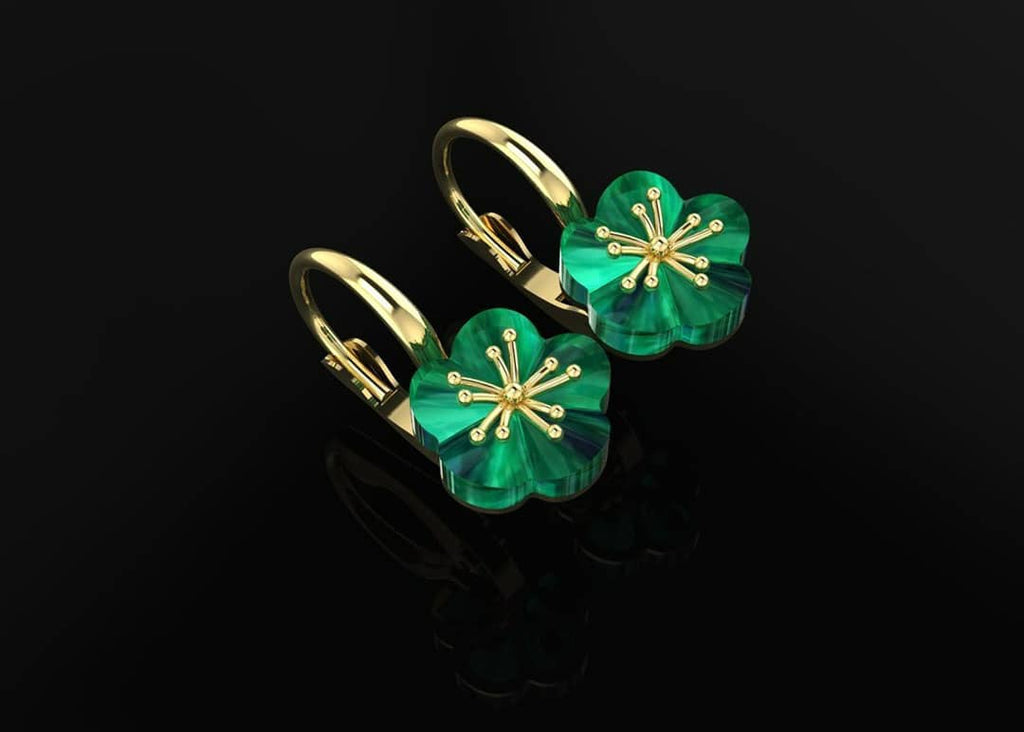 Jadeite Jade Carved Apricot Blossom Earrings 14K Yellow Gold | AME Jewellery 