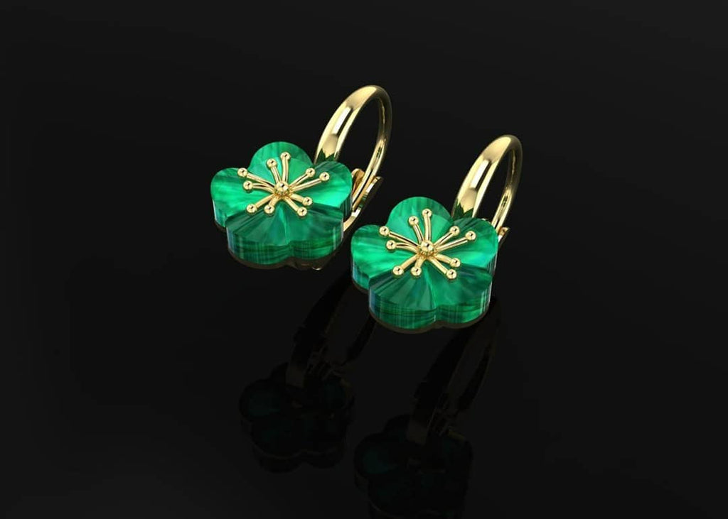 Jadeite Jade Carved Apricot Blossom Earrings 14K Yellow Gold | AME Jewellery 