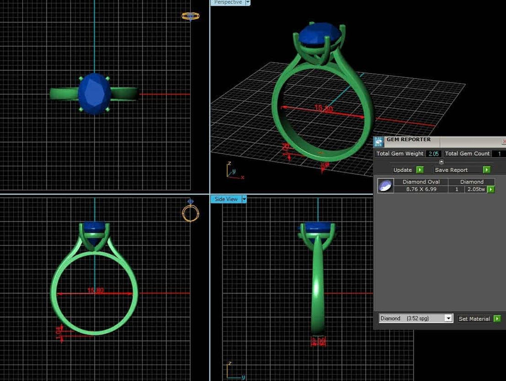3D design of oval gemstone four prong ring by AME Jewellery