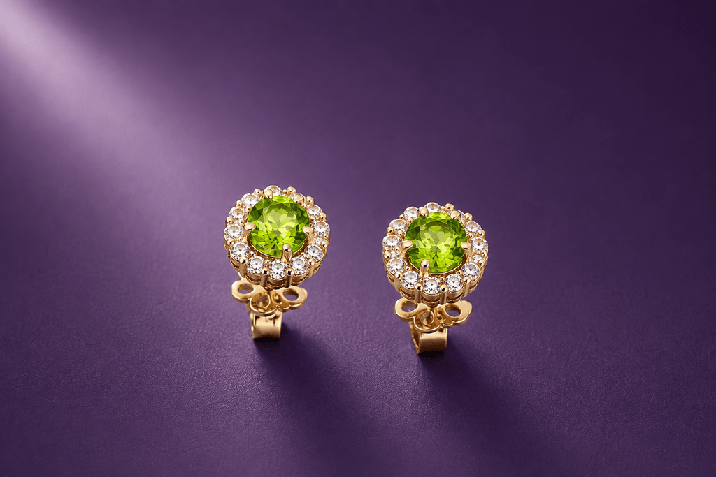 Natural Peridot Halo Stud Earrings in 14K Yellow Gold by AME Jewellery