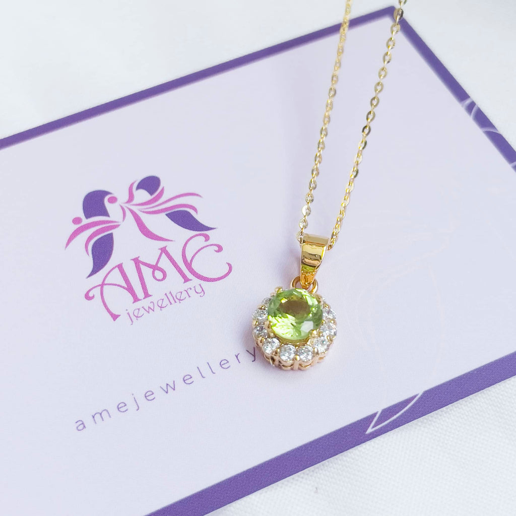 Mặt dây Vàng Đá quý thiên nhiên Peridot Halo Pendant in 14K Yellow Gold by AMEJewellery