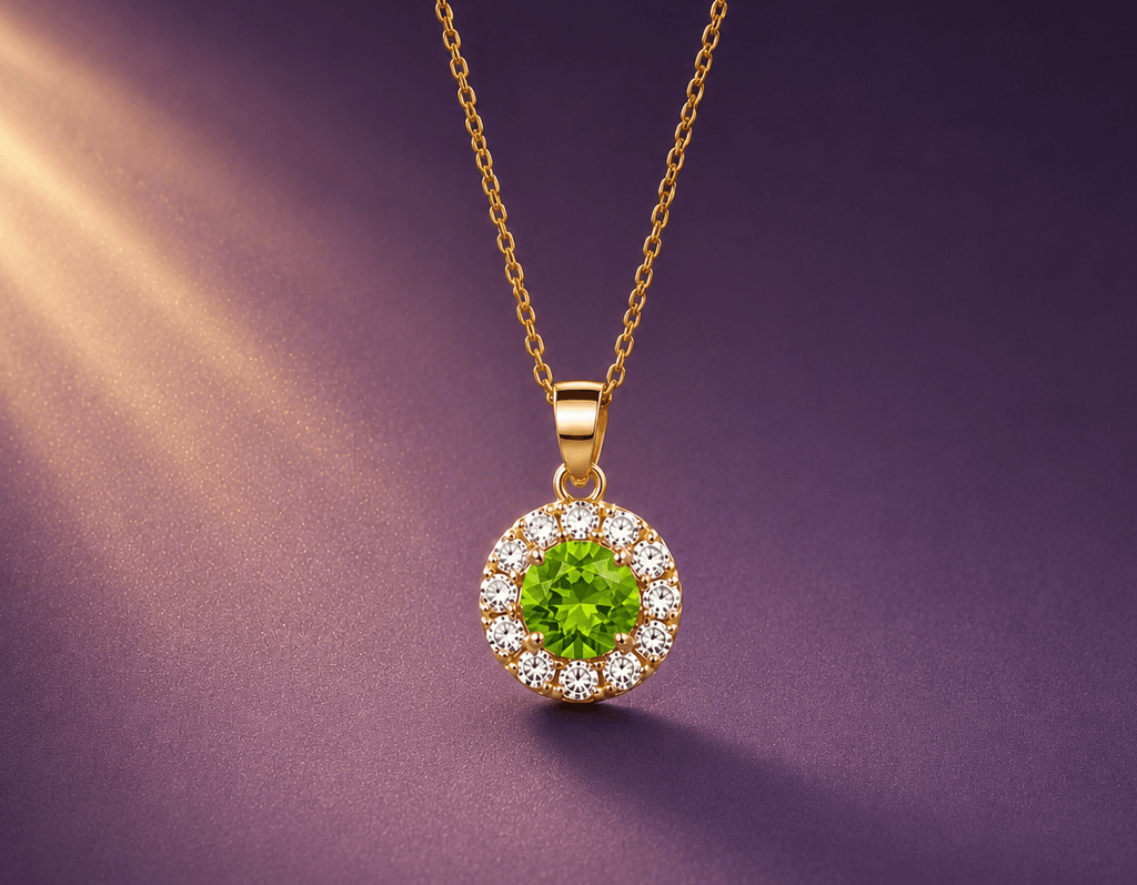 Collier pendentif halo en or jaune 14 carats avec péridot naturel par AME Jewellery