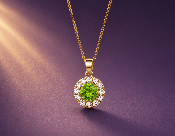 Collier pendentif halo en or jaune 14 carats avec péridot naturel par AME Jewellery