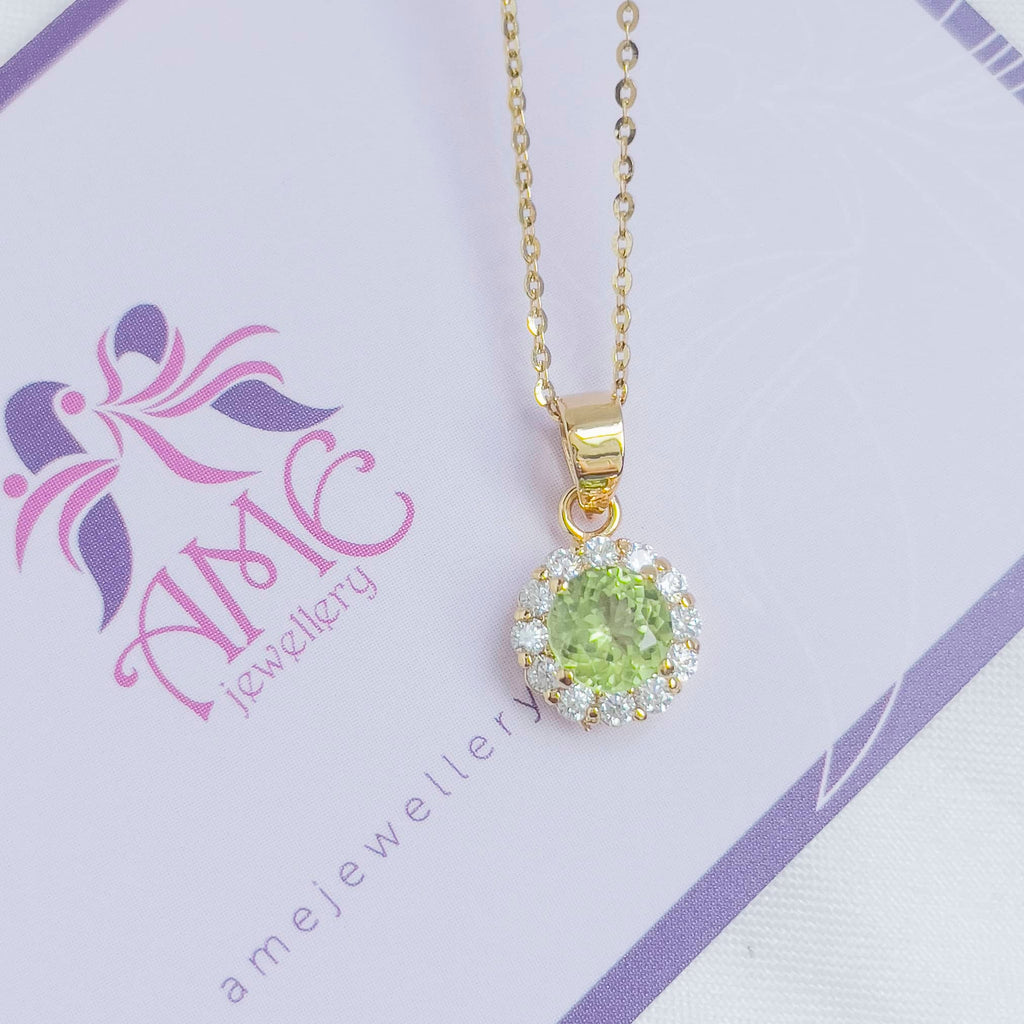 Mặt dây Vàng Đá quý thiên nhiên Peridot Halo Pendant in 14K Yellow Gold by AMEJewellery