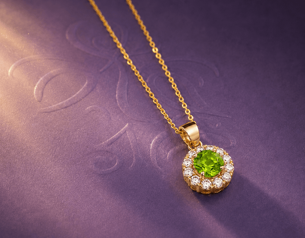 Natural Peridot Halo Pendant Necklace in 14K Yellow Gold by AME Jewellery.