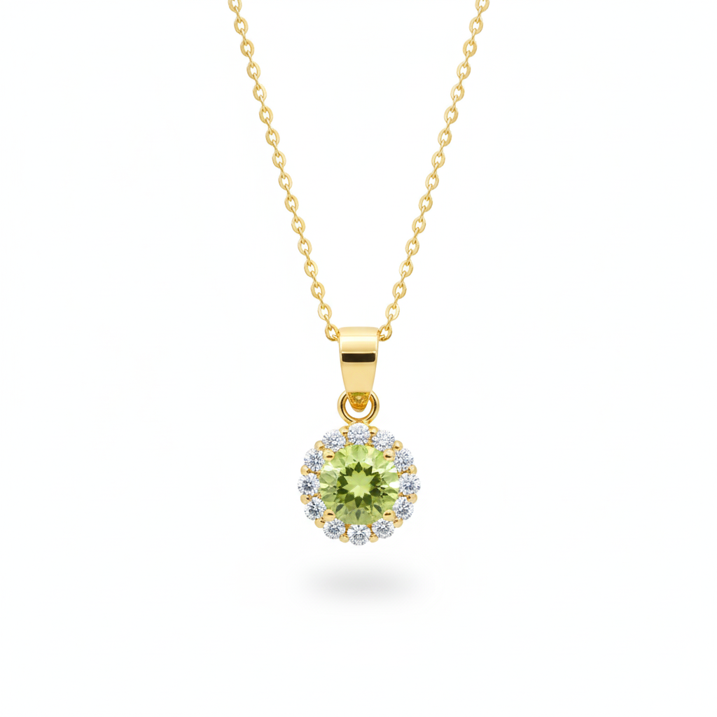 Mặt dây Vàng Đá quý thiên nhiên Peridot Halo Pendant in 14K Yellow Gold by AMEJewellery