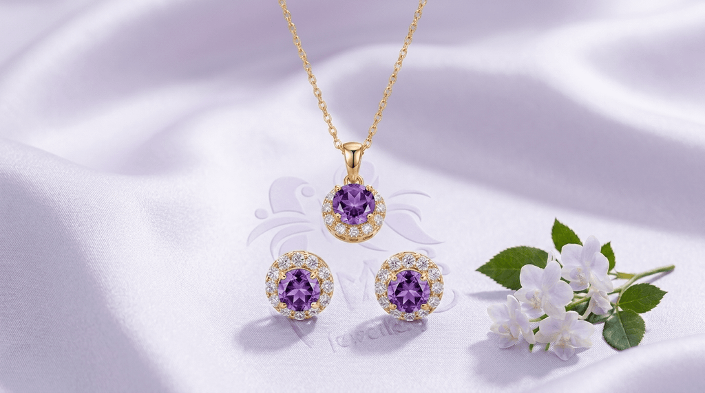Natural Amethyst Halo jewelry set in 14K Yellow Gold by AME Jewellery.