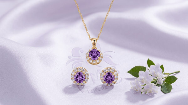 Natural Amethyst Halo jewelry set in 14K Yellow Gold by AME Jewellery.