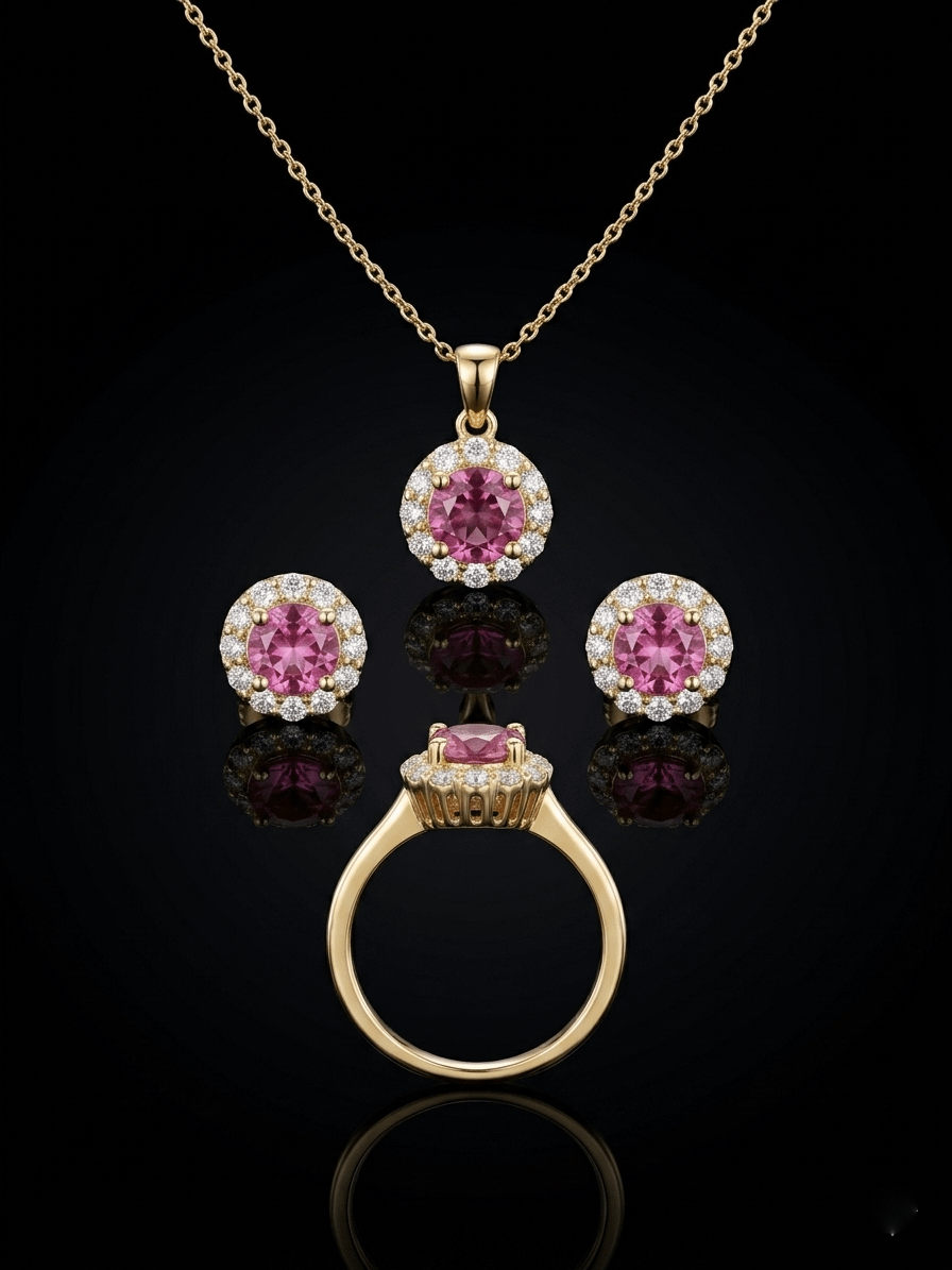 Natural Pink Topaz Halo jewelry set in 14K Yellow Gold by AME Jewellery. 