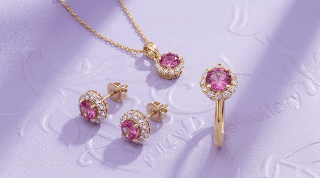 Natural Pink Topaz Halo jewelry set in 14K Yellow Gold by AME Jewellery. 