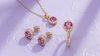 Natural Pink Topaz Halo jewelry set in 14K Yellow Gold by AME Jewellery. 