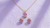 Natural Pink Topaz Halo jewelry set in 14K Yellow Gold by AME Jewellery. 