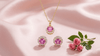 Natural Pink Topaz Halo jewelry set in 14K Yellow Gold by AME Jewellery. 