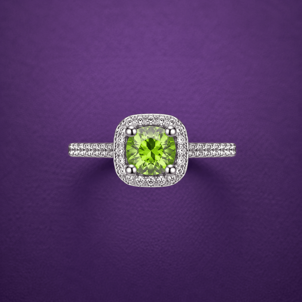 Natural Peridot Square Halo Ring in Sterling Silver by AME Jewellery.