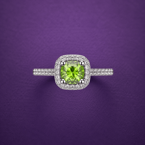 Natural Peridot Square Halo Ring in Sterling Silver by AME Jewellery.
