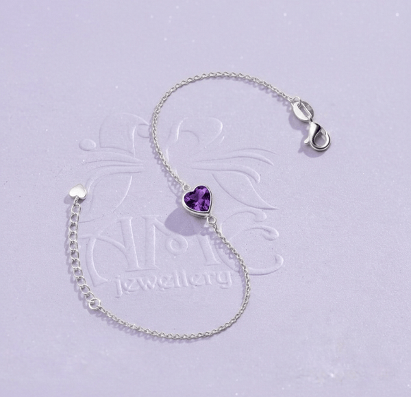 Natural Heart-cut Amethyst Bracelet in Sterling Silver by AME Jewellery. 