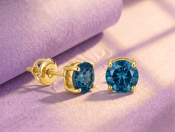 Natural London Blue Topaz 4-Prong Earrings in 14K Yellow Gold by AME Jewellery