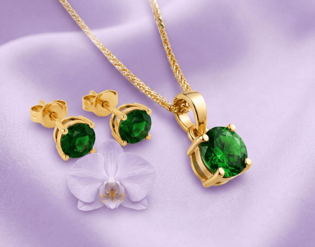 Natural Green Tourmaline jewelry set in 14K Yellow Gold - AME Jewellery