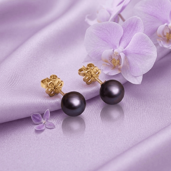 Aubergine Freshwater Cultured Pearl Earrings in 14K Yellow Gold by AME Jewellery. 