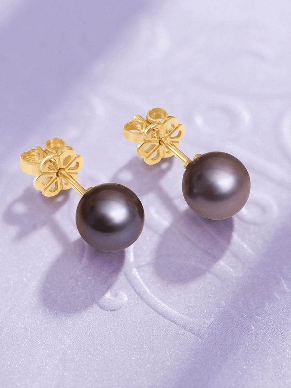 Aubergine Freshwater Cultured Pearl Earrings in 14K Yellow Gold by AME Jewellery. 
