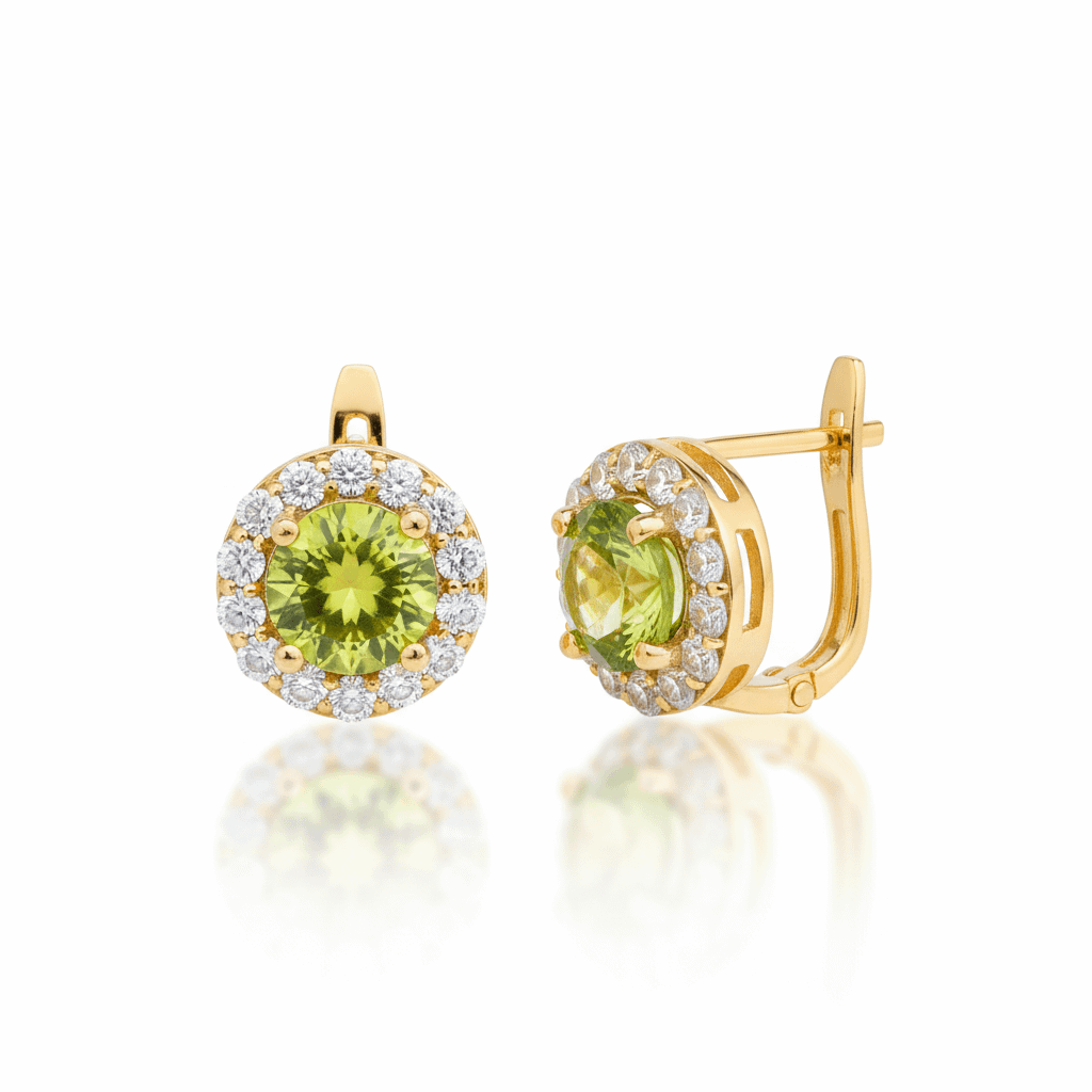 Bông tai Vàng Đá quý tự nhiên Peridot Halo English-Lock Earrings 14K Yellow Gold by AME Jewellery