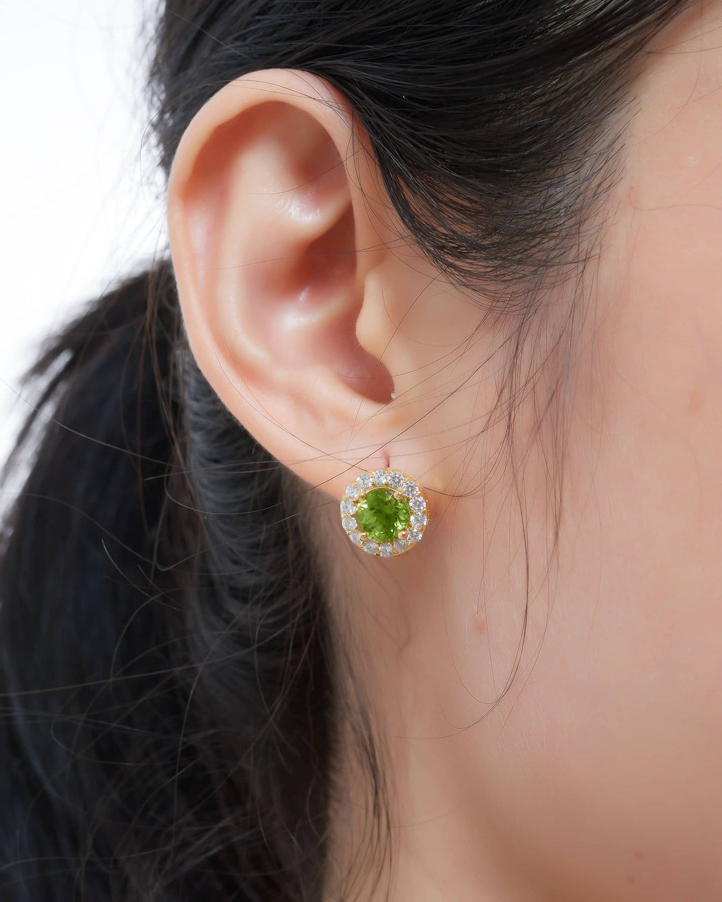 Bông tai Vàng Đá quý tự nhiên Peridot Halo English-Lock Earrings 14K Yellow Gold by AME Jewellery