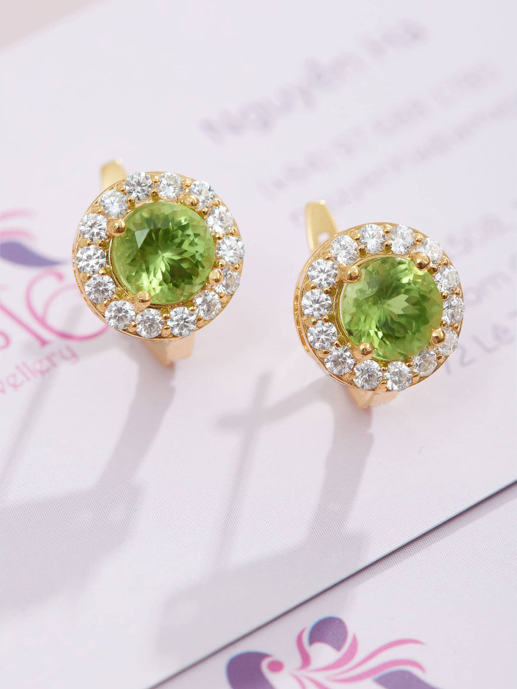 Bông tai Vàng Đá quý tự nhiên Peridot Halo English-Lock Earrings 14K Yellow Gold by AME Jewellery