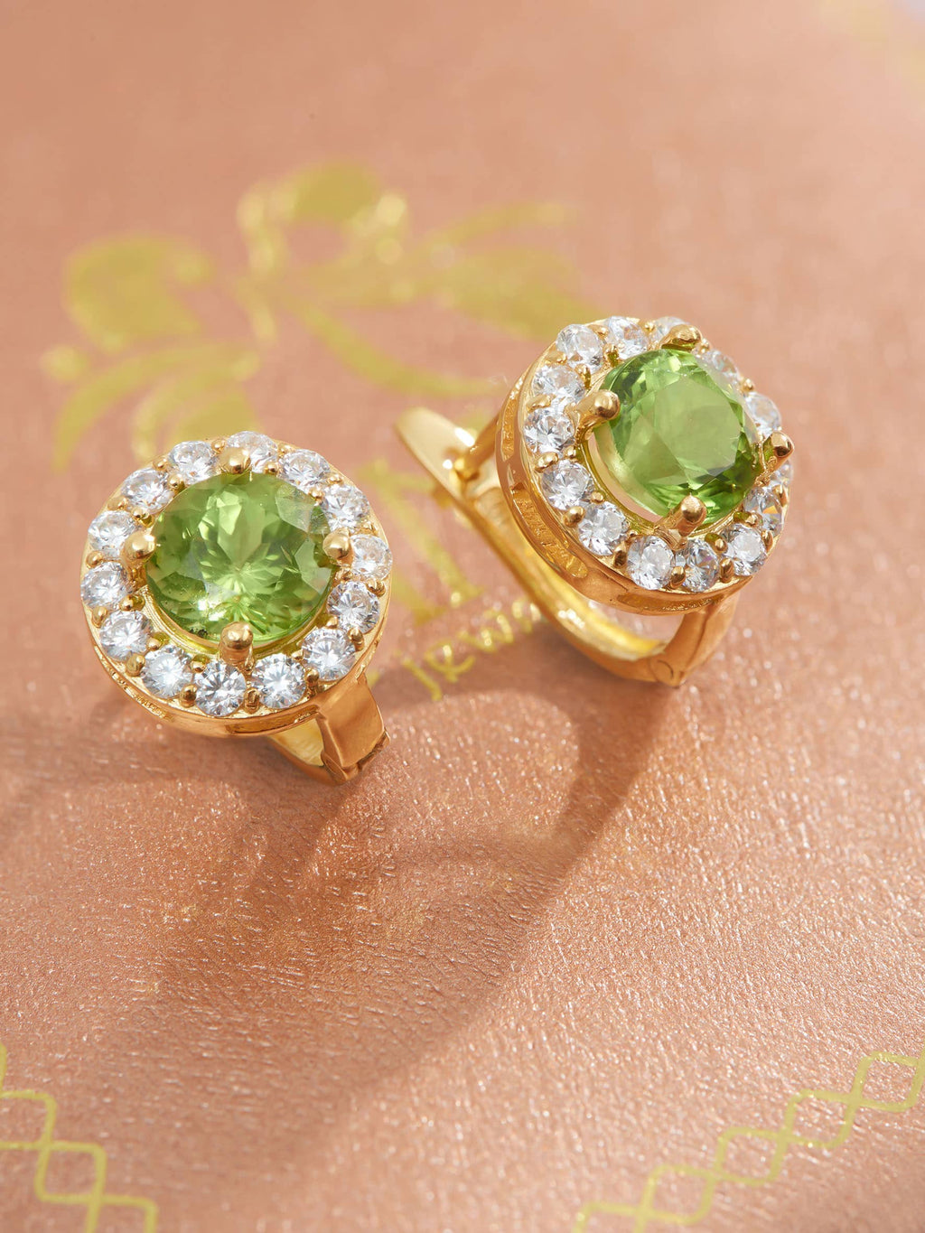 Bông tai Vàng Đá quý tự nhiên Peridot Halo English-Lock Earrings 14K Yellow Gold by AME Jewellery