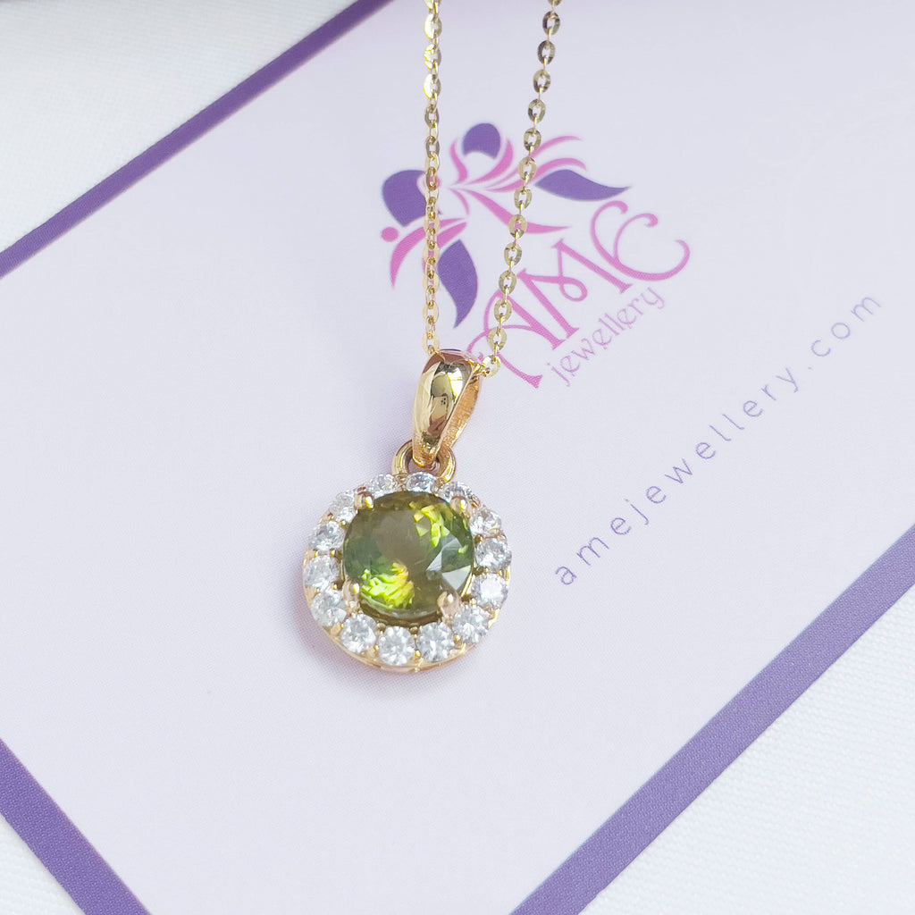 Mặt dây chuyền Vàng Đá quý tự nhiên Peridot Halo Pendant in 14K Yellow Gold | AMEJewellery