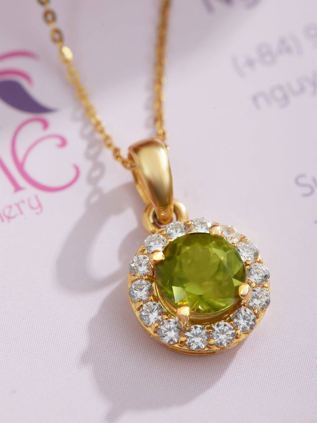 Mặt dây chuyền Vàng Đá quý tự nhiên Peridot Halo Pendant in 14K Yellow Gold by AMEJewellery