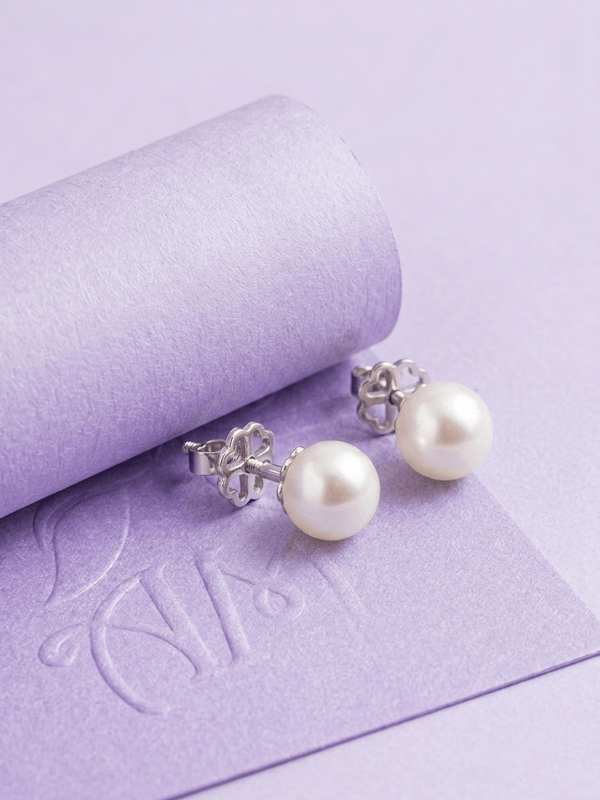 White Freshwater Cultured Pearl Stud Earrings in Sterling Silver by AME Jewellery.