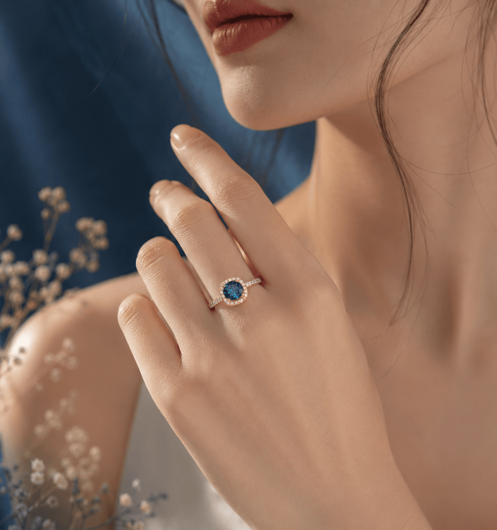 Natural London Blue Topaz cushion-Halo Ring in 14K Yellow Gold - AME Jewellery