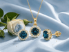 Natural London Blue Topaz Halo jewelry set  in 14K Yellow Gold by AME Jewellery. 